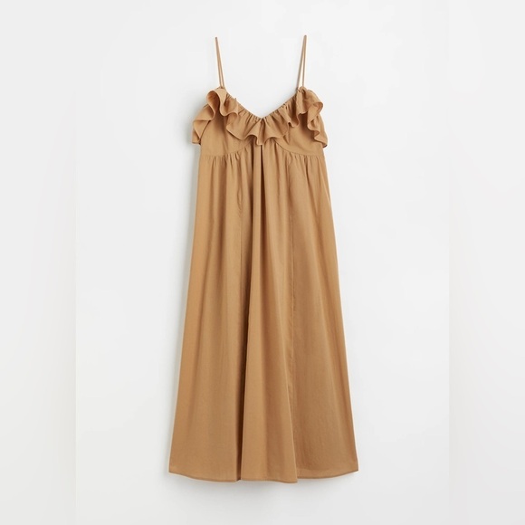 H&M - NWT Flounce Trimmed V Neck Ruffle Neckline Beige Maxi Dress Size XS - Picture 1 of 13